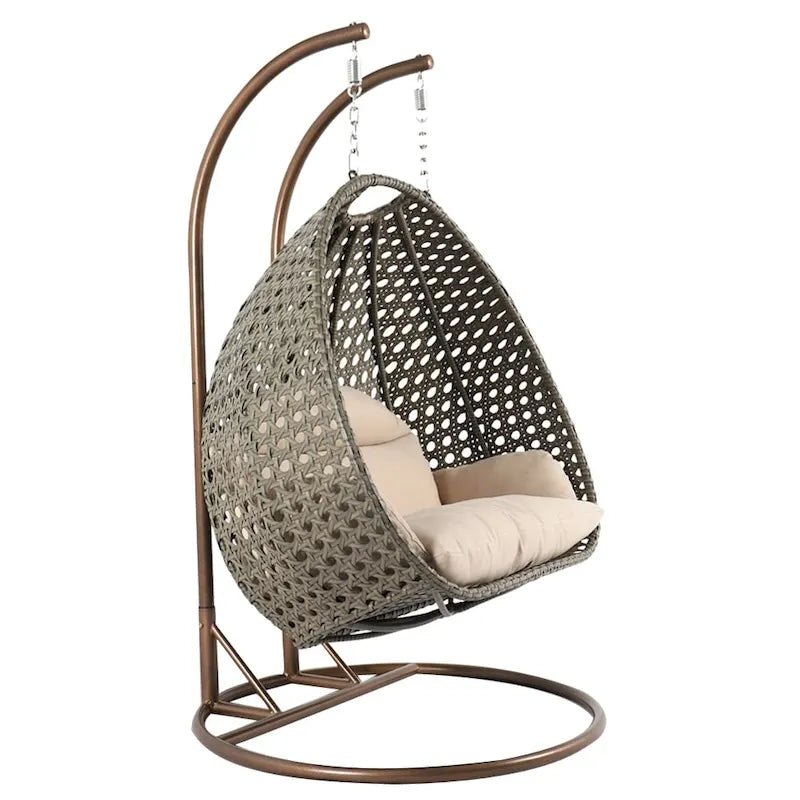 Fauteuil Suspendu Ovoïde avec Support Métallique, Cadre en Osier et Coussin – Beige / Bleu Anthracite / Blanc / Bleu / Blanc Antique / Marron / Toile, 2 Places