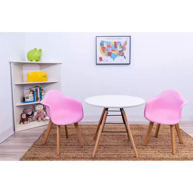 Ensemble table et 2 chaises modernes pour enfants avec pieds en hêtre rose - Gift Mark : Table ronde pour tout-petits, structure en plastique, 3 ans et +