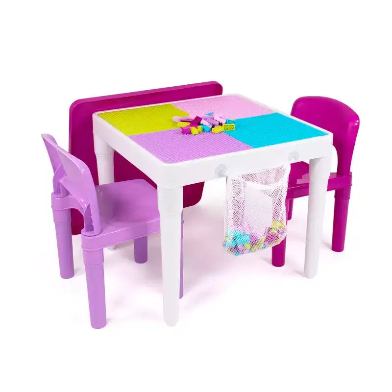 3pc Kids' 2 in 1 Square Activity Table with Chairs and 100pc Building Blocks Pink/Purple - Humble Crew: Toddler Table Set