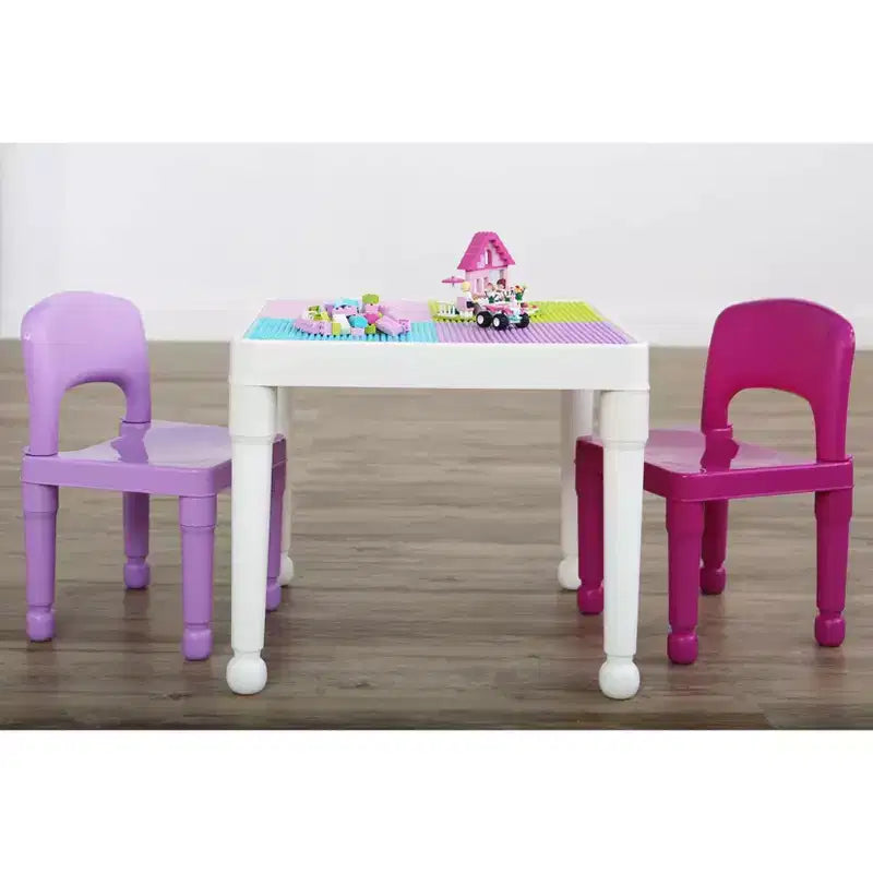 Table d'activité carrée 2 en 1 pour enfants, 3 pièces, avec chaises et 100 blocs de construction rose/violet - Humble Crew : Ensemble de table pour tout-petits