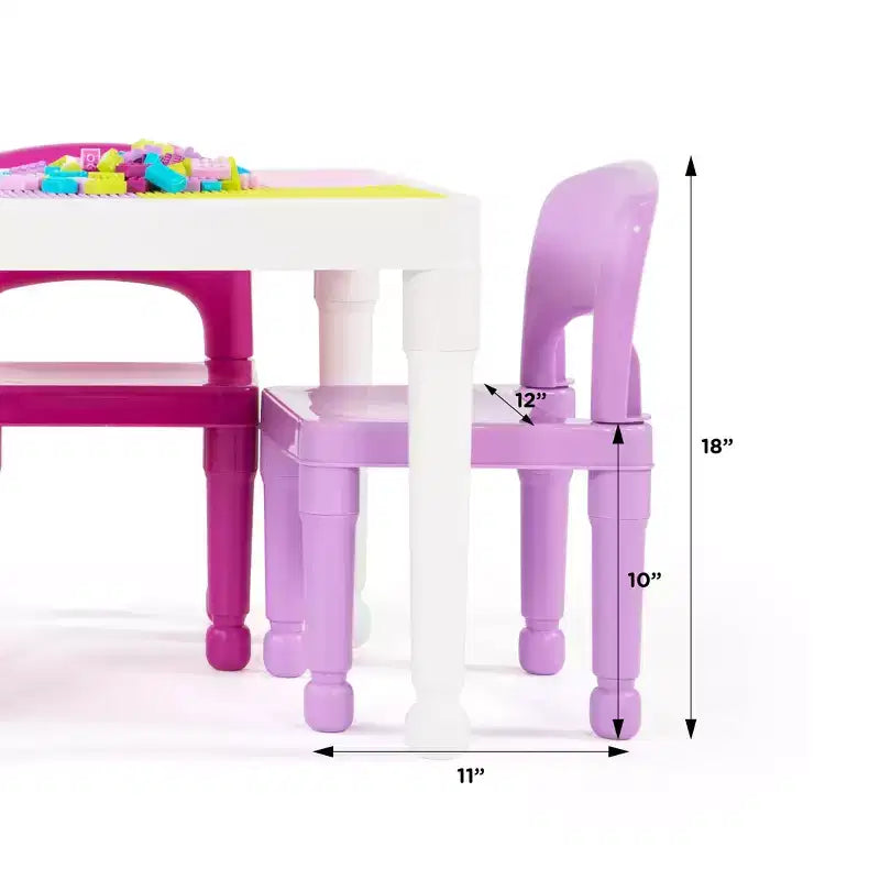 Table d'activité carrée 2 en 1 pour enfants, 3 pièces, avec chaises et 100 blocs de construction rose/violet - Humble Crew : Ensemble de table pour tout-petits