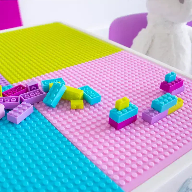 Table d'activité carrée 2 en 1 pour enfants, 3 pièces, avec chaises et 100 blocs de construction rose/violet - Humble Crew : Ensemble de table pour tout-petits