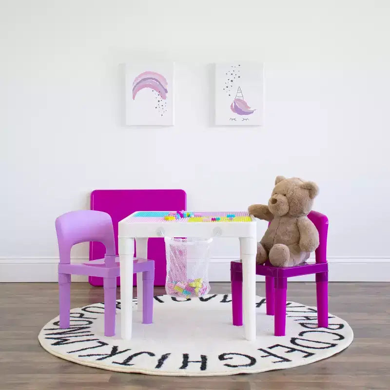 Table d'activité carrée 2 en 1 pour enfants, 3 pièces, avec chaises et 100 blocs de construction rose/violet - Humble Crew : Ensemble de table pour tout-petits