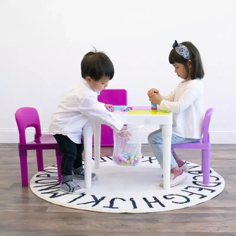 Table d'activité carrée 2 en 1 pour enfants, 3 pièces, avec chaises et 100 blocs de construction rose/violet - Humble Crew : Ensemble de table pour tout-petits
