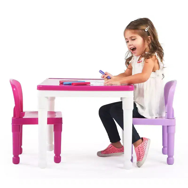 Table d'activité carrée 2 en 1 pour enfants, 3 pièces, avec chaises et 100 blocs de construction rose/violet - Humble Crew : Ensemble de table pour tout-petits