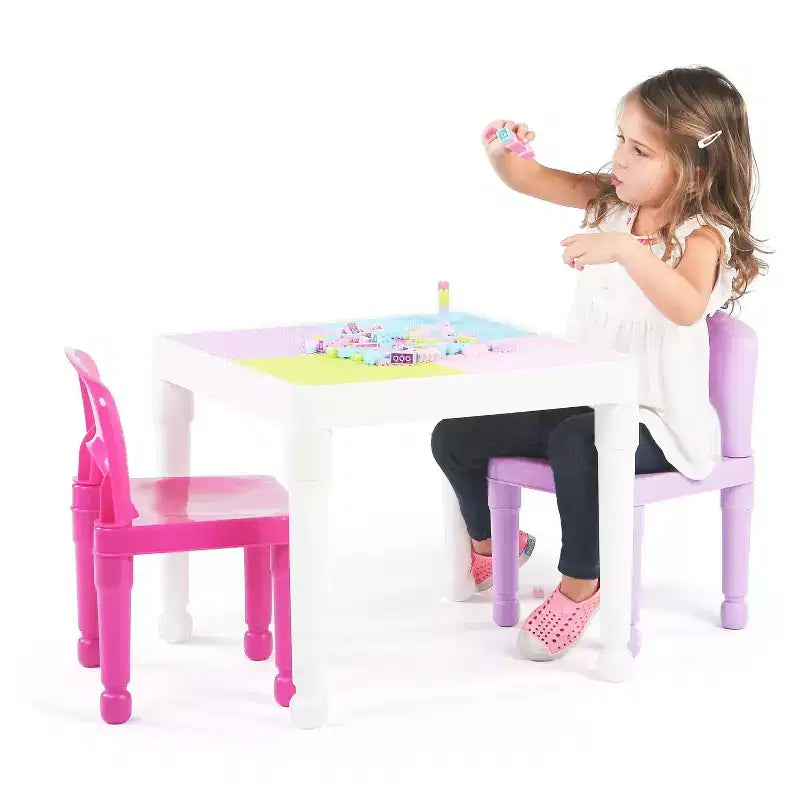 Table d'activité carrée 2 en 1 pour enfants, 3 pièces, avec chaises et 100 blocs de construction rose/violet - Humble Crew : Ensemble de table pour tout-petits