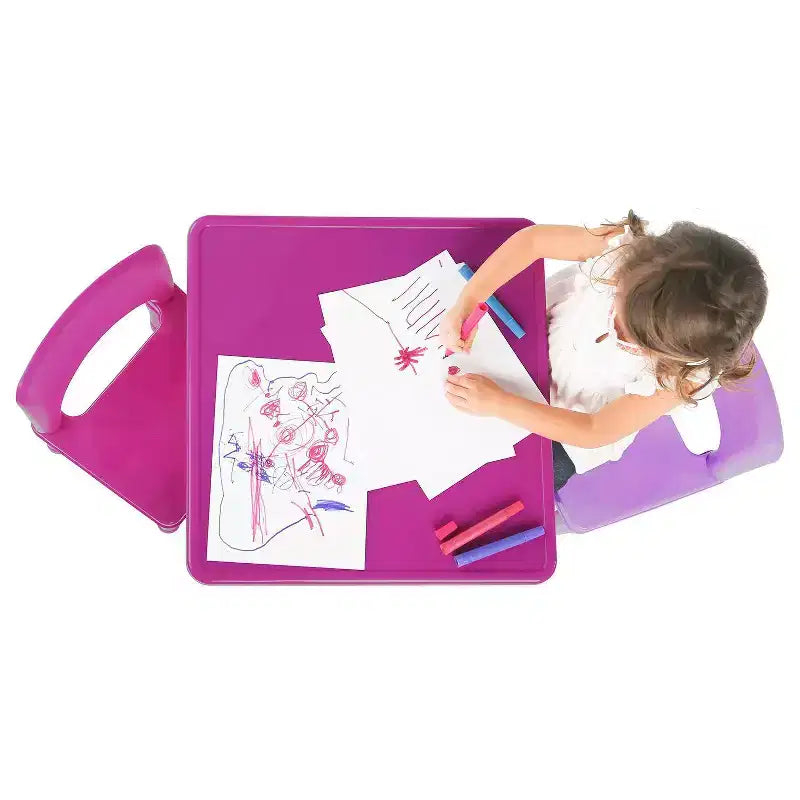 Table d'activité carrée 2 en 1 pour enfants, 3 pièces, avec chaises et 100 blocs de construction rose/violet - Humble Crew : Ensemble de table pour tout-petits
