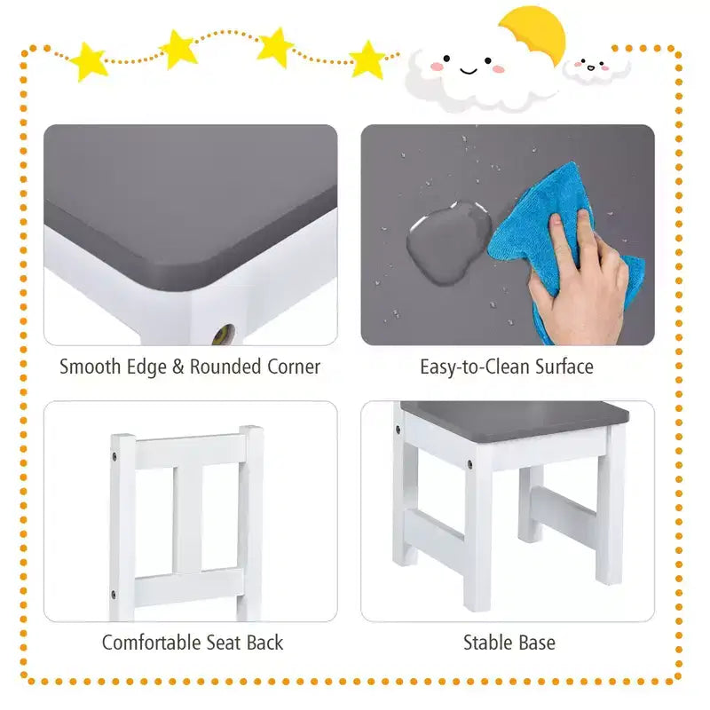 Costway Ensemble de 4 pièces de table et chaises d'activité en bois pour enfants avec banc de rangement, bureau d'étude Naturel/Gris