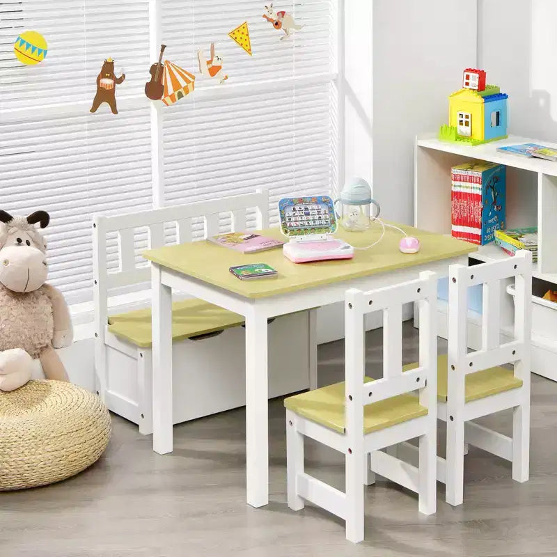 Costway Ensemble de 4 pièces de table et chaises d'activité en bois pour enfants avec banc de rangement, bureau d'étude Naturel/Gris
