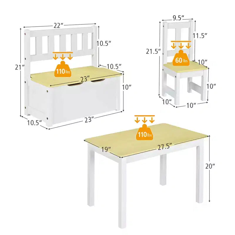 Costway Ensemble de 4 pièces de table et chaises d'activité en bois pour enfants avec banc de rangement, bureau d'étude Naturel/Gris