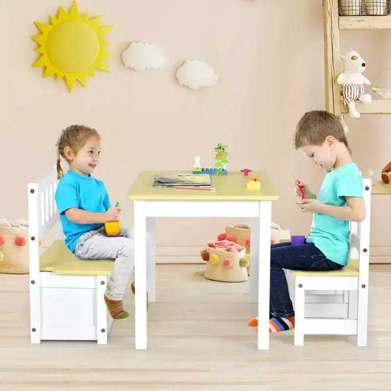 Costway Ensemble de 4 pièces de table et chaises d'activité en bois pour enfants avec banc de rangement, bureau d'étude Naturel/Gris