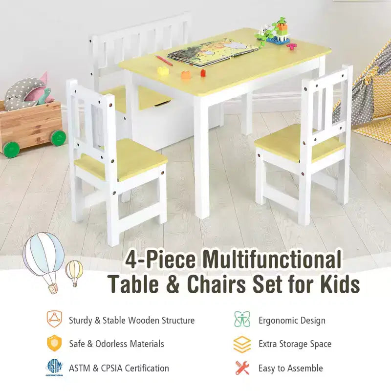 Costway Ensemble de 4 pièces de table et chaises d'activité en bois pour enfants avec banc de rangement, bureau d'étude Naturel/Gris