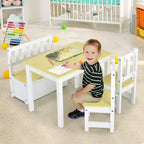 Costway Ensemble de 4 pièces de table et chaises d'activité en bois pour enfants avec banc de rangement, bureau d'étude Naturel/Gris