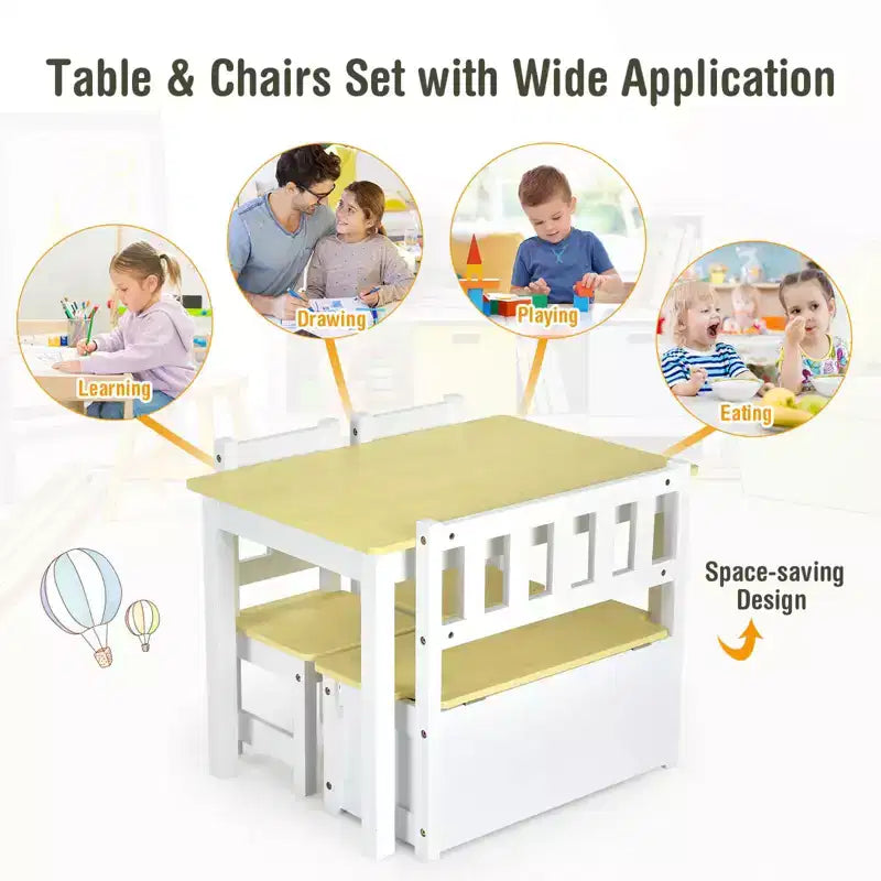 Costway Ensemble de 4 pièces de table et chaises d'activité en bois pour enfants avec banc de rangement, bureau d'étude Naturel/Gris