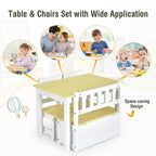 Costway Ensemble de 4 pièces de table et chaises d'activité en bois pour enfants avec banc de rangement, bureau d'étude Naturel/Gris