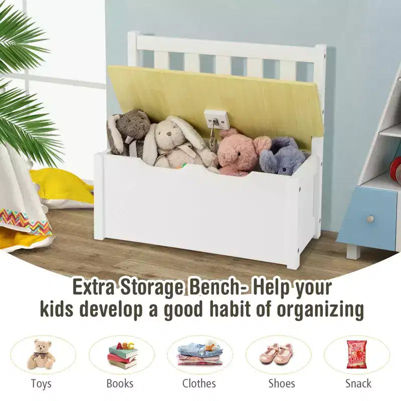Costway Ensemble de 4 pièces de table et chaises d'activité en bois pour enfants avec banc de rangement, bureau d'étude Naturel/Gris
