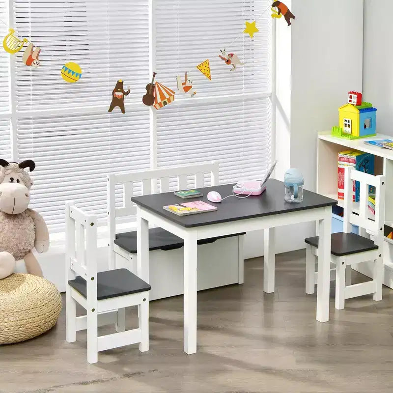Costway Ensemble de 4 pièces de table et chaises d'activité en bois pour enfants avec banc de rangement, bureau d'étude Naturel/Gris