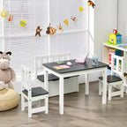 Costway Ensemble de 4 pièces de table et chaises d'activité en bois pour enfants avec banc de rangement, bureau d'étude Naturel/Gris