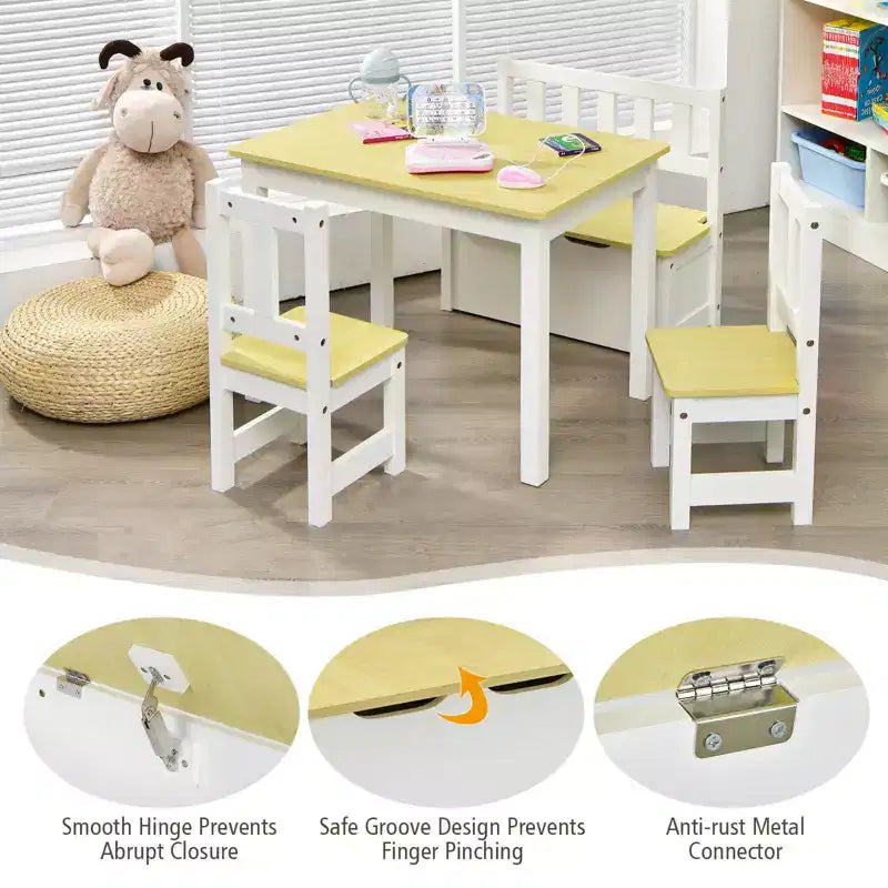 Costway Ensemble de 4 pièces de table et chaises d'activité en bois pour enfants avec banc de rangement, bureau d'étude Naturel/Gris