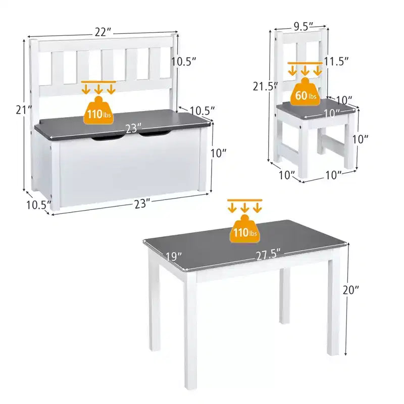 Costway Ensemble de 4 pièces de table et chaises d'activité en bois pour enfants avec banc de rangement, bureau d'étude Naturel/Gris