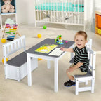 Costway Ensemble de 4 pièces de table et chaises d'activité en bois pour enfants avec banc de rangement, bureau d'étude Naturel/Gris