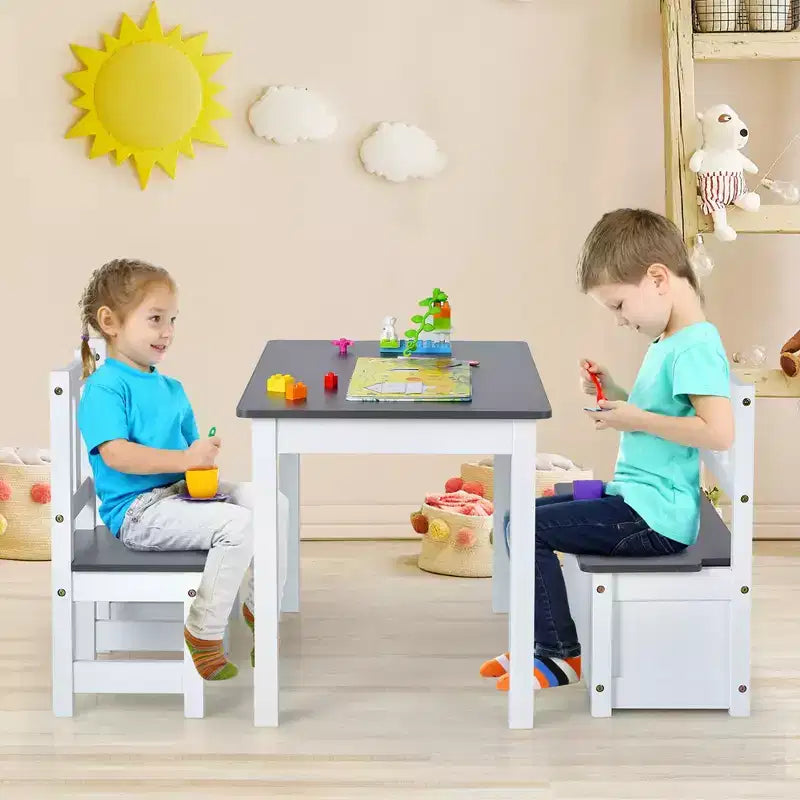 Costway Ensemble de 4 pièces de table et chaises d'activité en bois pour enfants avec banc de rangement, bureau d'étude Naturel/Gris