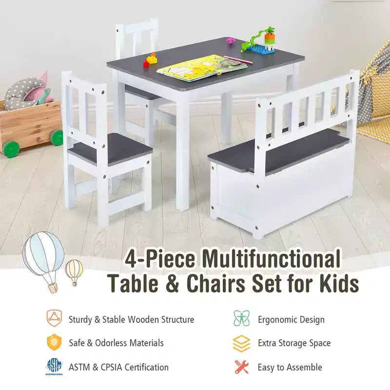 Costway Ensemble de 4 pièces de table et chaises d'activité en bois pour enfants avec banc de rangement, bureau d'étude Naturel/Gris