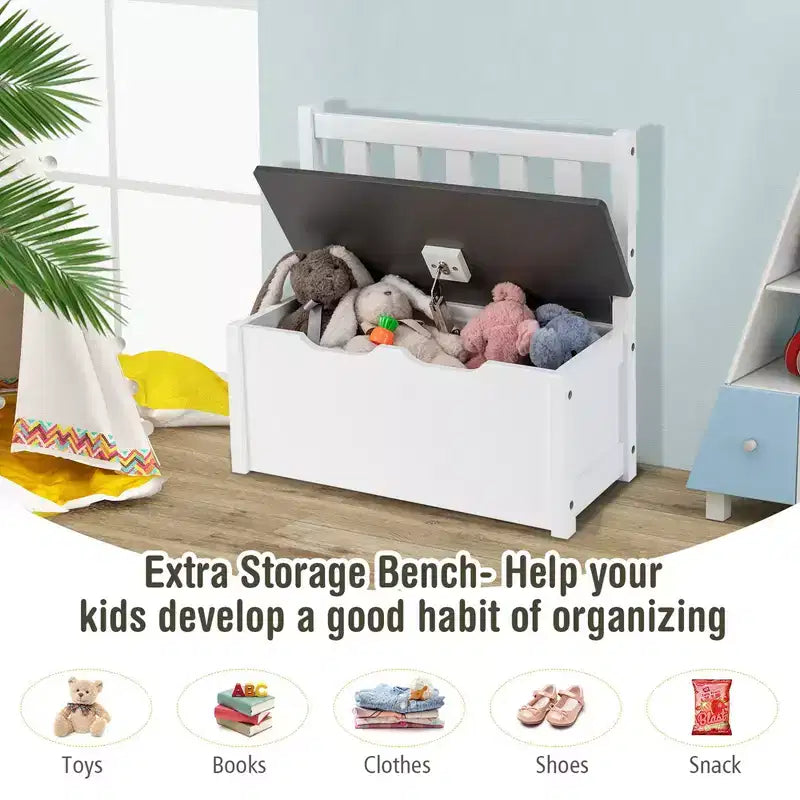 Costway Ensemble de 4 pièces de table et chaises d'activité en bois pour enfants avec banc de rangement, bureau d'étude Naturel/Gris