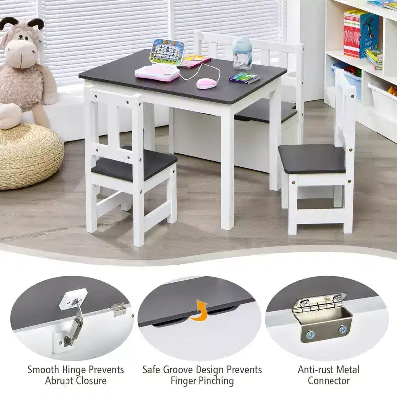 Costway Ensemble de 4 pièces de table et chaises d'activité en bois pour enfants avec banc de rangement, bureau d'étude Naturel/Gris