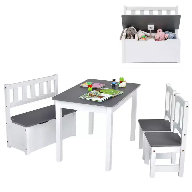 Costway 4 PCS Kids Wooden Activity Table & Chairs Set w/Storage Bench Study Desk Natural\Grey
