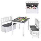 Costway 4 PCS Kids Wooden Activity Table & Chairs Set w/Storage Bench Study Desk Natural\Grey