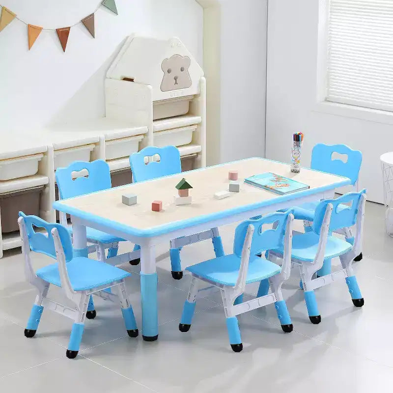 Kids Table and Chairs Set, Height Adjustable Desk with 6 Seats for Ages 2-10,Arts & Crafts Table,Graffiti Desktop, Non-Slip Legs
