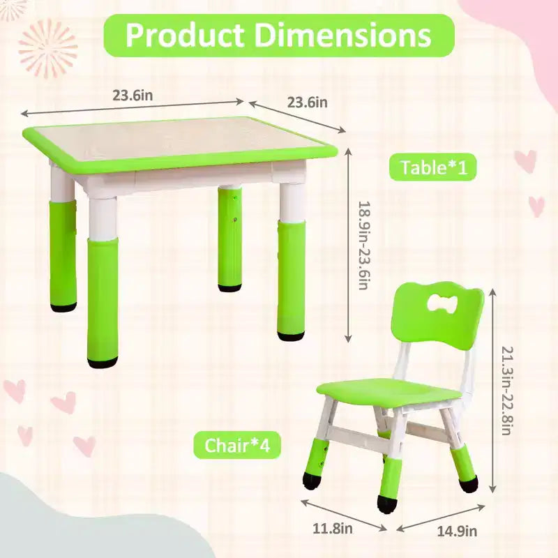 Ensemble table et chaises pour enfants, bureau réglable en hauteur avec 4 sièges pour les 2-10 ans, table d'activités artistiques, plateau de table graffiti, pieds antidérapants