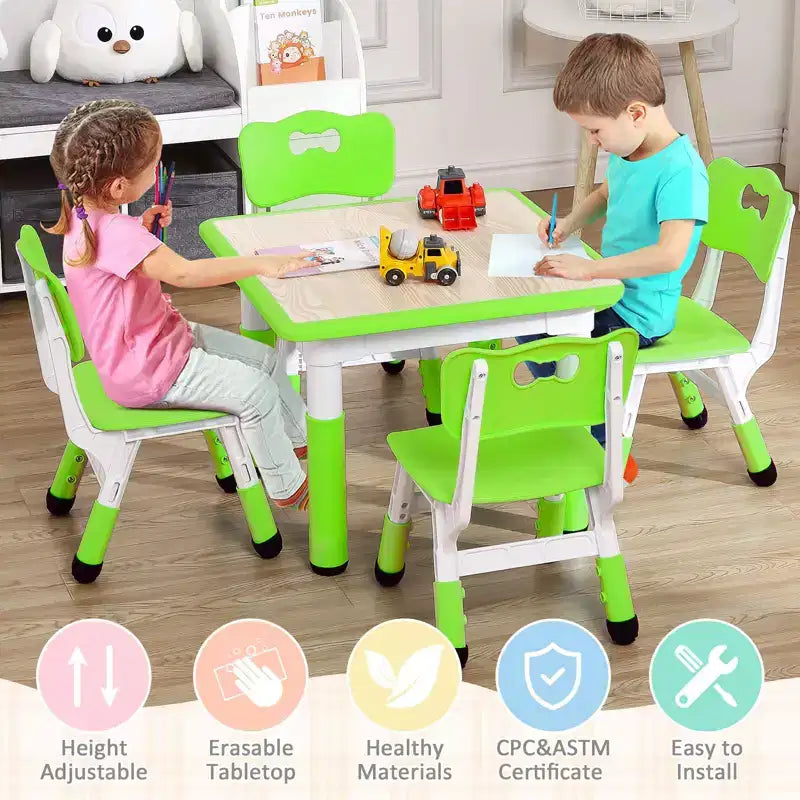 Ensemble table et chaises pour enfants, bureau réglable en hauteur avec 4 sièges pour les 2-10 ans, table d'activités artistiques, plateau de table graffiti, pieds antidérapants