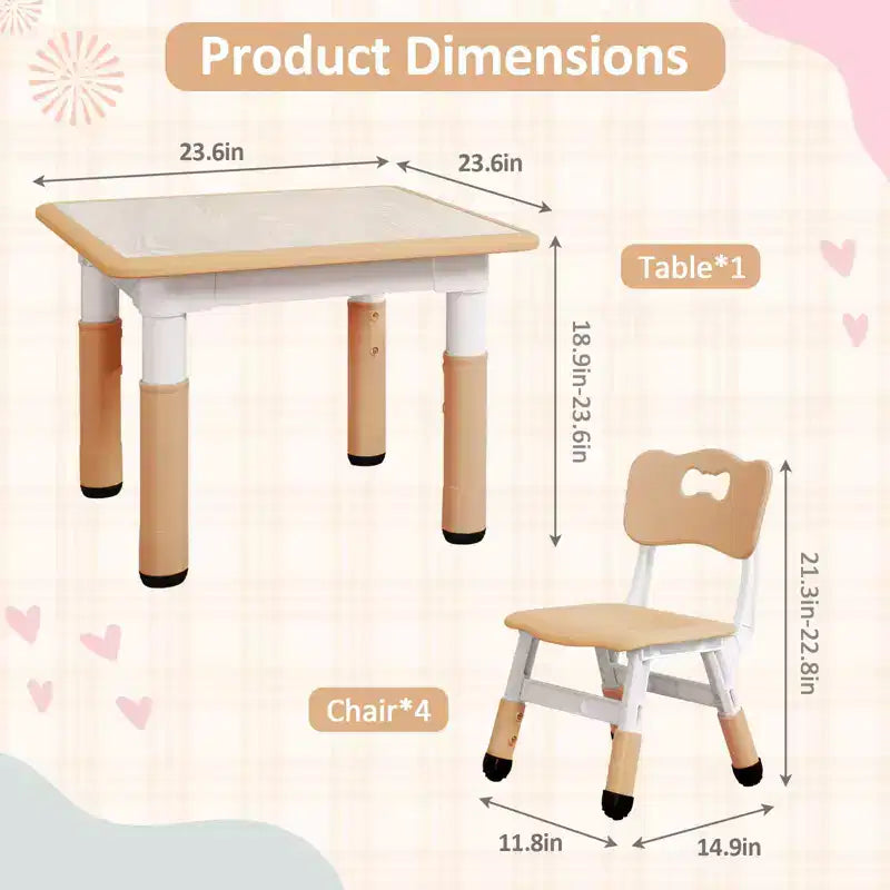 Ensemble table et chaises pour enfants, bureau réglable en hauteur avec 4 sièges pour les 2-10 ans, table d'activités artistiques, plateau de table graffiti, pieds antidérapants