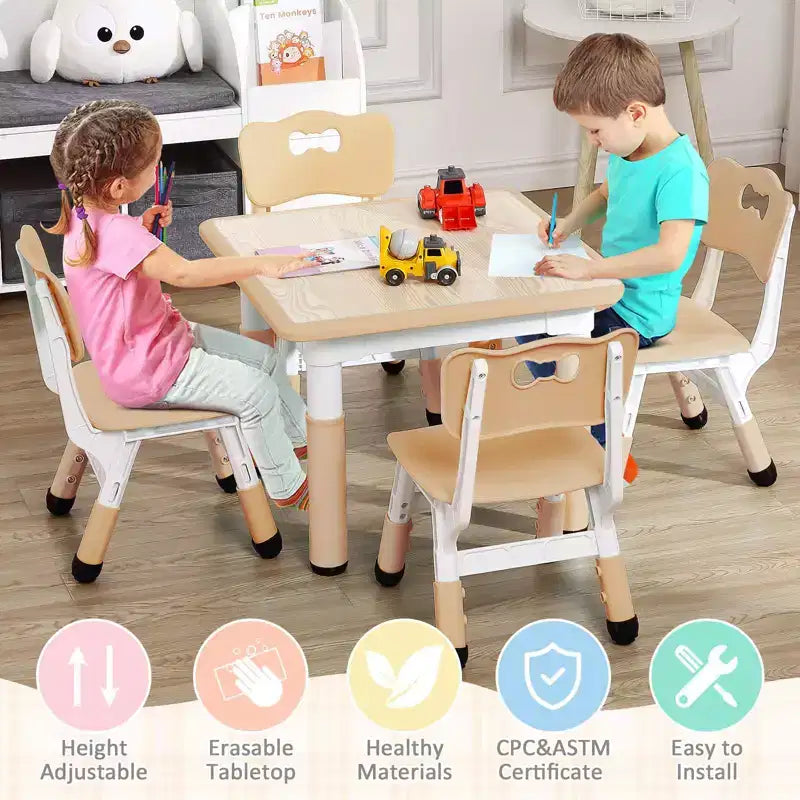 Ensemble table et chaises pour enfants, bureau réglable en hauteur avec 4 sièges pour les 2-10 ans, table d'activités artistiques, plateau de table graffiti, pieds antidérapants
