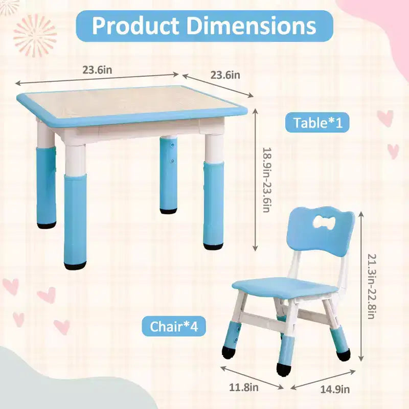 Ensemble table et chaises pour enfants, bureau réglable en hauteur avec 4 sièges pour les 2-10 ans, table d'activités artistiques, plateau de table graffiti, pieds antidérapants