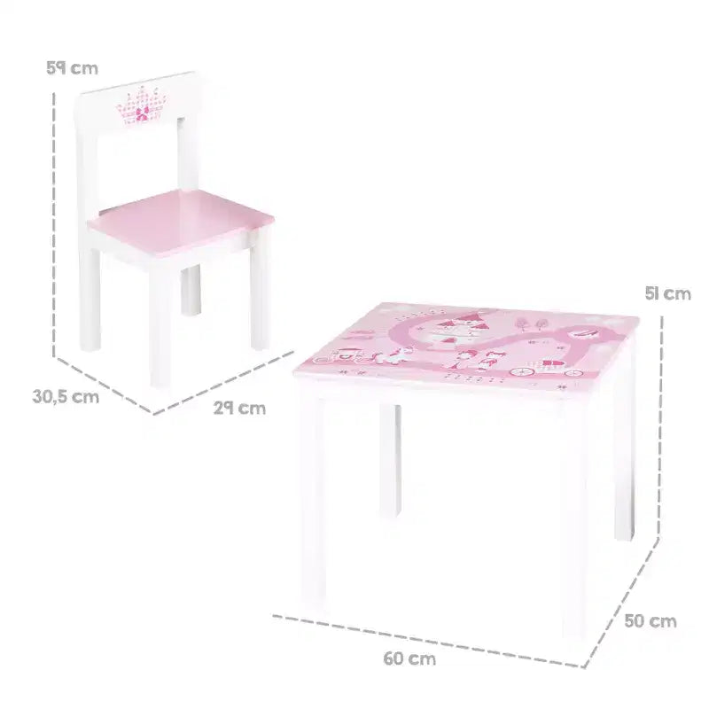 Roba : Ensemble table et 2 chaises en bois pour enfants, thème Princesse rose