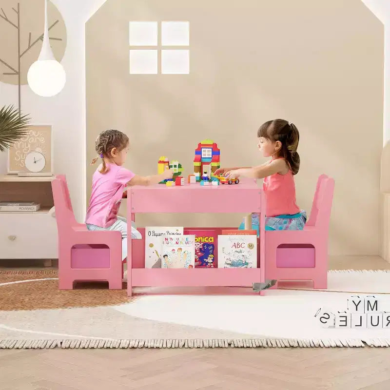 Garvee Kids Table and Chair Set, 4-in-1 Wooden Activity Table & 2 Chairs with Storage Drawer Detachable Tabletop, for Kids (Pink)