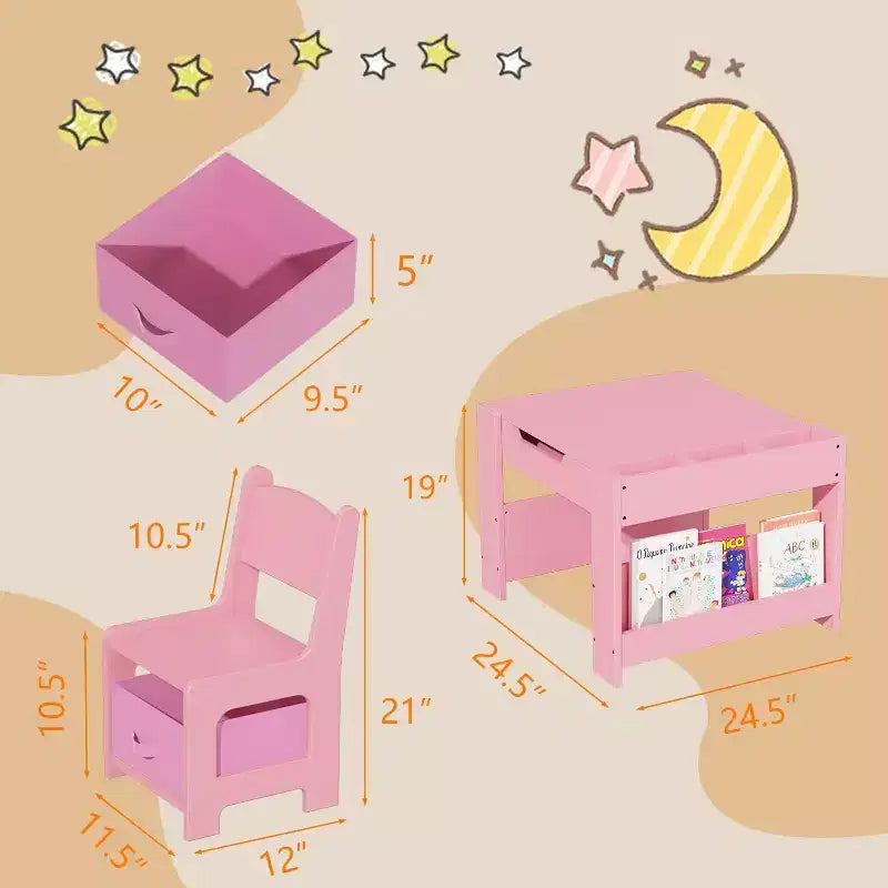 Ensemble Table et Chaises Garvee pour Enfants, Table d'Activités en Bois 4 en 1 et 2 Chaises avec Tiroir de Rangement et Plateau Amovible, pour Enfants (Rose)