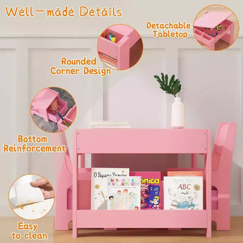 Ensemble Table et Chaises Garvee pour Enfants, Table d'Activités en Bois 4 en 1 et 2 Chaises avec Tiroir de Rangement et Plateau Amovible, pour Enfants (Rose)