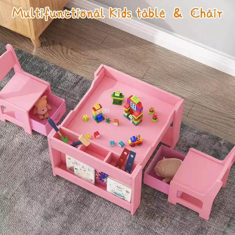 Ensemble Table et Chaises Garvee pour Enfants, Table d'Activités en Bois 4 en 1 et 2 Chaises avec Tiroir de Rangement et Plateau Amovible, pour Enfants (Rose)