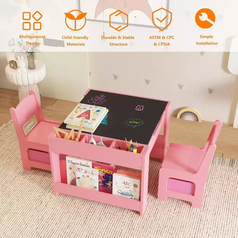 Ensemble Table et Chaises Garvee pour Enfants, Table d'Activités en Bois 4 en 1 et 2 Chaises avec Tiroir de Rangement et Plateau Amovible, pour Enfants (Rose)