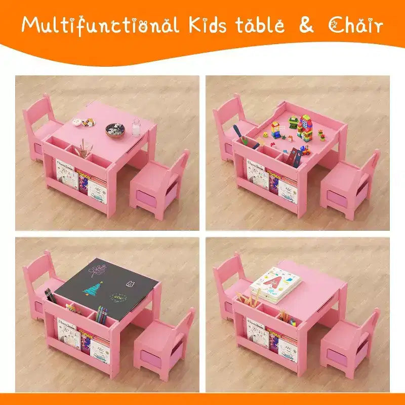 Ensemble Table et Chaises Garvee pour Enfants, Table d'Activités en Bois 4 en 1 et 2 Chaises avec Tiroir de Rangement et Plateau Amovible, pour Enfants (Rose)