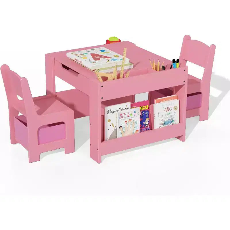Ensemble Table et Chaises Garvee pour Enfants, Table d'Activités en Bois 4 en 1 et 2 Chaises avec Tiroir de Rangement et Plateau Amovible, pour Enfants (Rose)
