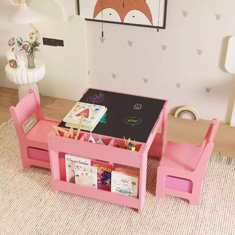 Ensemble Table et Chaises Garvee pour Enfants, Table d'Activités en Bois 4 en 1 et 2 Chaises avec Tiroir de Rangement et Plateau Amovible, pour Enfants (Rose)