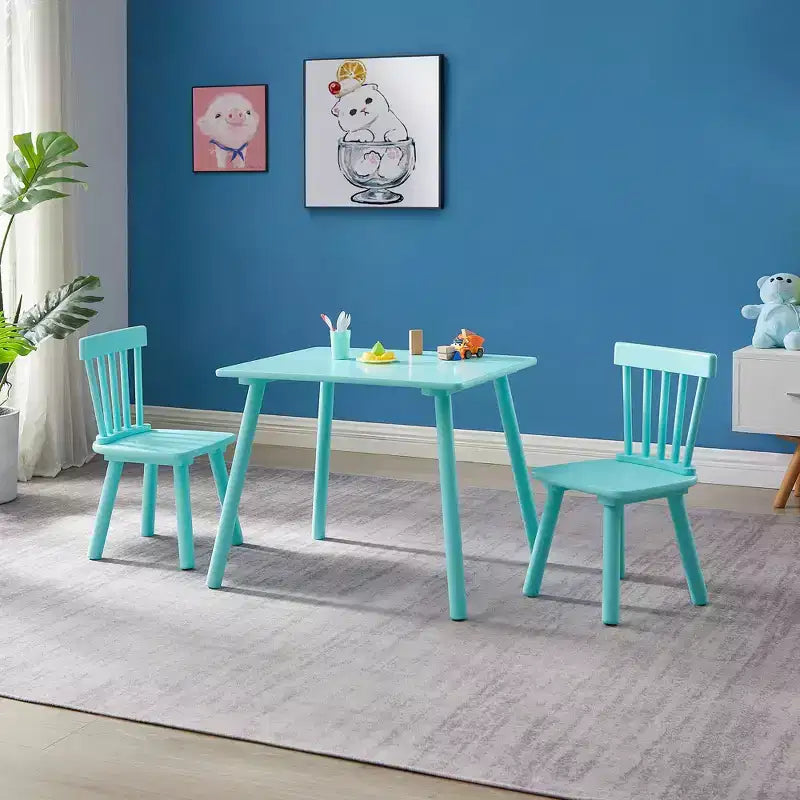 VECELO Kids Table and Chairs Set, Windsor Design Square Table with 2 Chairs, Suitable for Children to Play and Activities, Green