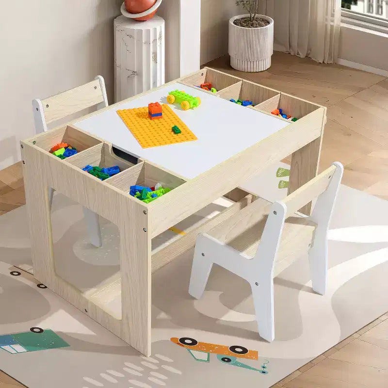 Table et 2 chaises pour enfants LuxenHome avec tableau à dessin et d'activités - Marron