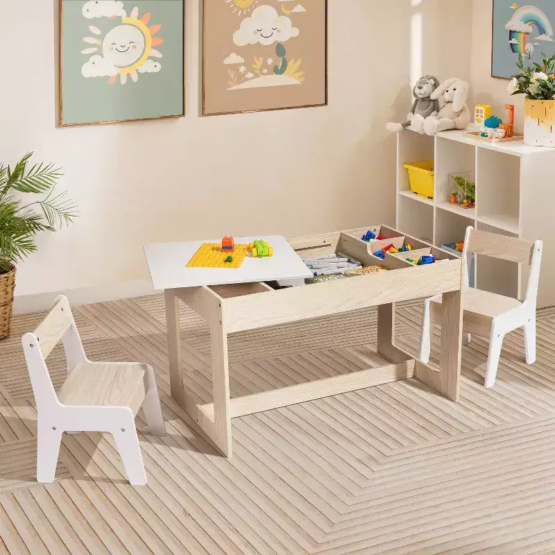 Table et 2 chaises pour enfants LuxenHome avec tableau à dessin et d'activités - Marron