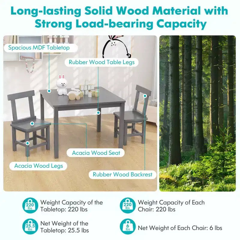 Costway Ensemble table et 2 chaises pour enfants en bois avec pieds en bois de caoutchouc, patins antidérapants Blanc/Gris